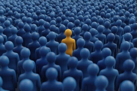A single yellow person standing out in a large crowd of identical blue figures, representing uniqueness, leadership, individuality, and standing out from the masses concept