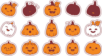 Fototapeta premium Set of cute hand drawn pumpkin stickers with various funny facial expressions for autumn and halloween decoration