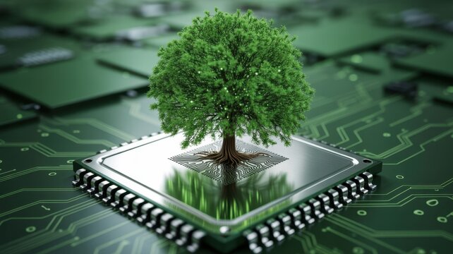 A vibrant green tree growing from the center of a computer processor chip on a circuit board, representing the fusion of nature and advanced green technology concepts