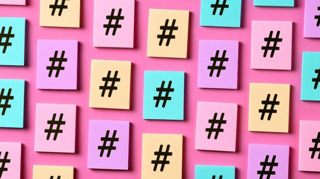 Hand-written hashtag notes stick on bright pink surface