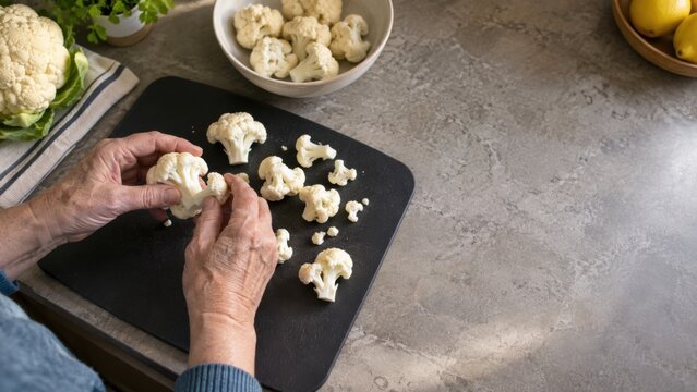 Senior hands preparing cauliflower on high contrast mat
