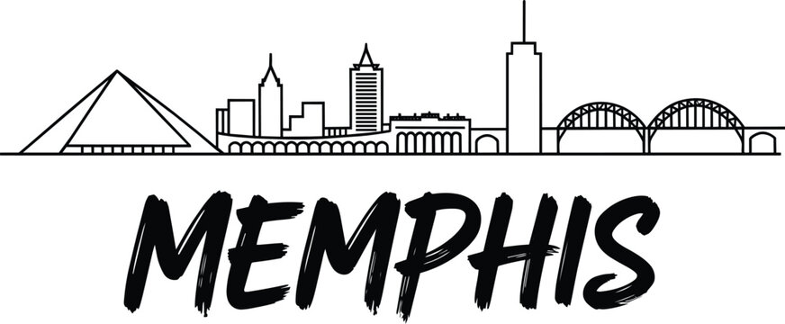 Memphis skyline line art with the pyramid and bridge above bold brush lettered city name for Tennessee travels