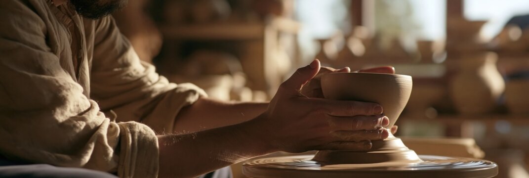 A young Armenian ceramic artist works on a clay vessel at a wheel in a contemporary studio in Yerevan with natural light highlighting the scene.