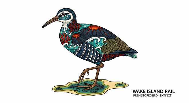 Stylized Illustration of an Extinct Wake Island Rail Bird in Japanese Tattoo Art Style