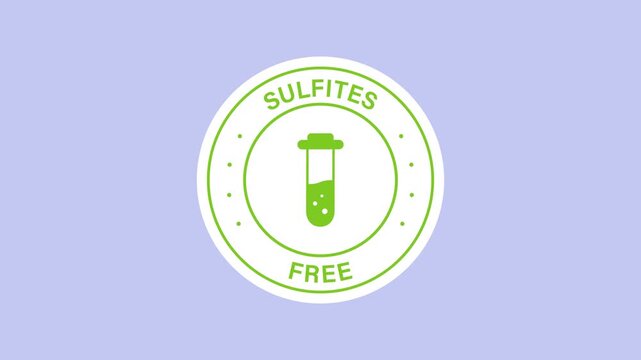 Sulfites free food label sticker animation with a green test tube with bubbles inside on a transparent background. Sulfites free food. Seamless animated icon. 4K video overlay isolated element.