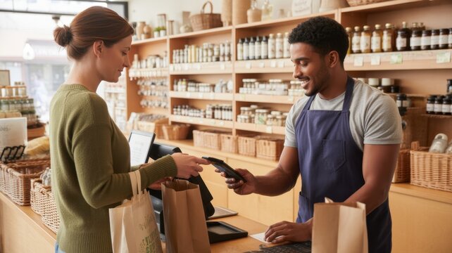 A young woman paying for her groceries with a contactless credit card at a local health food store, interacting with a smiling male cashier wearing a blue apron at counter