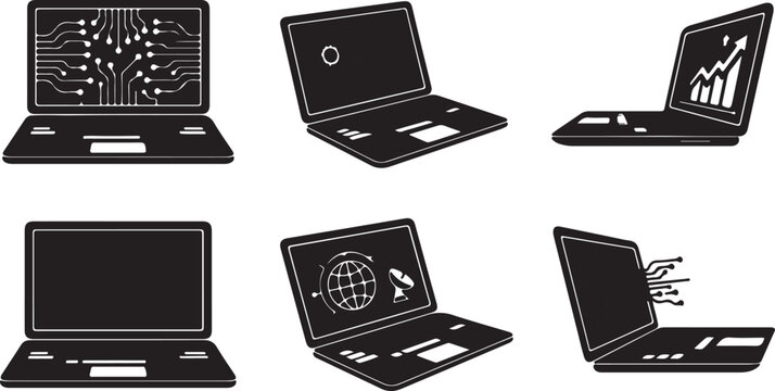 Set of black vector icons showing laptops with various digital screens representing technology and business.