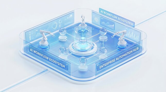 Ai workflow ecosystem and enterprise automation hub with robotic arms, data charts, and central processing unit on a white background