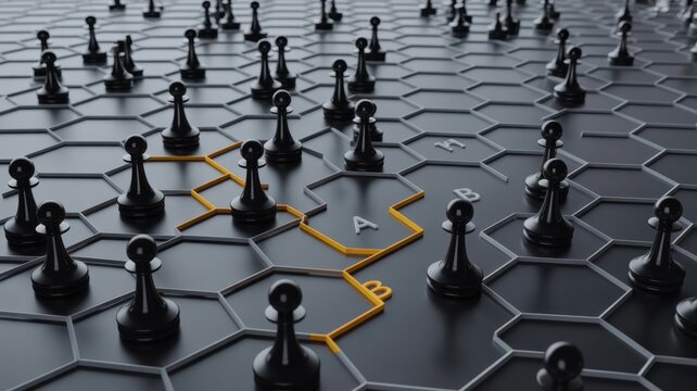Abstract 3d rendering of black chess pawns arranged on a dark hexagonal grid pattern with glowing orange connecting lines and highlighted letter markers a and b on surface
