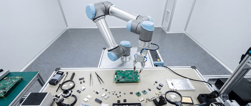 A collaborative robotic arm performs precision assembly on electronic circuit boards in a clean laboratory workstation with tools and components.