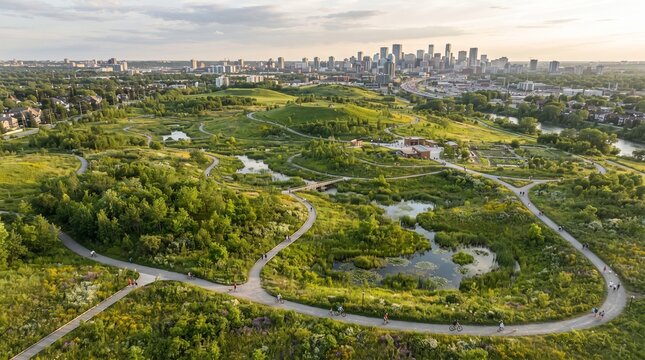 Urban Wetland Landscape, Restored River Ecosystem, Sustainable City Greenery, Environmental Conservation