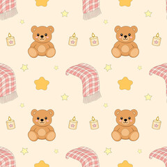 Fototapeta premium Cute_Teddy_Bear_and_Blanket_Seamless_Pattern_Illustration_for_Baby_Nursery_Fabric_Textile_Graphic_Asset_Clipart_Isolated