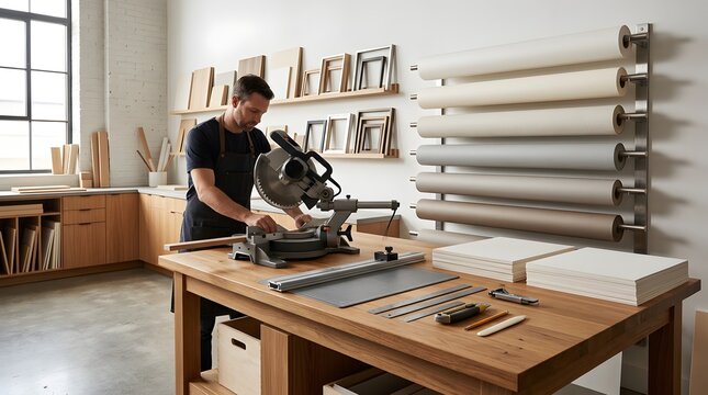 Carpenter using miter saw in bright workshop with timber and rolls