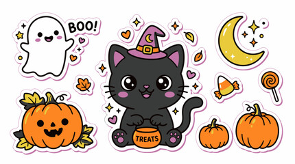 Obraz premium Kawaii Halloween Sticker Set Featuring Cute Black Cat Ghost Pumpkins and Magical Autumn Elements
