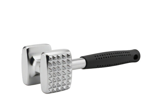 A meat tenderizer tool with a black handle isolated on transparent background
