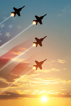Air Force Day. Aircraft silhouettes on background of sunset with a transparent American flag. Vertical poster.