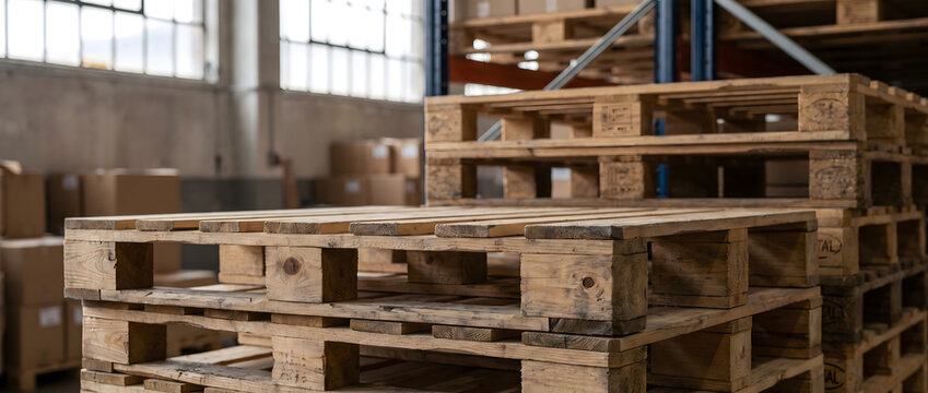 Stacked wooden pallets sit in an indoor warehouse storage area with cardboard boxes and shelving in the background.