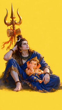Lord Shiva Holding Baby Ganesha in His Arms, Divine Father and Son Together with Trishul, Adorable Hindu Deities in Traditional Attire, Tender Devotional Indian Mythology Artwork