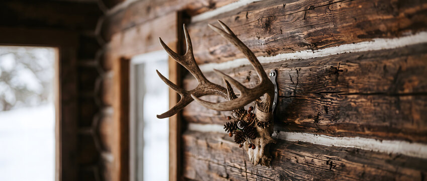A deer antler mount decorates the weathered wooden wall of a rustic log cabin, with small pine accents.