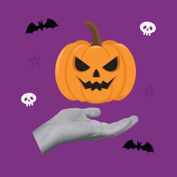 Creative halloween banner. Hand holding spooky pumpkin, flying bats and skulls on purple background