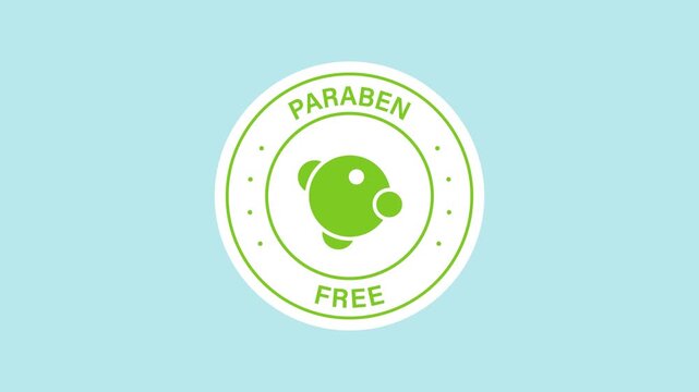 Cosmetic safety sticker animation with a green molecular structure inside on a transparent background. Paraben-free cosmetic ingredient. Seamless animated icon. 4K video overlay isolated element.