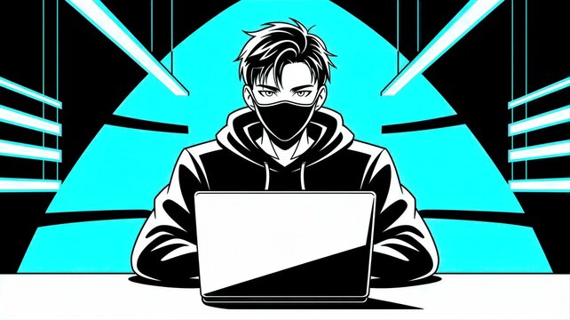Stylish digital illustration of a young hacker wearing a hoodie and mask behind a laptop in anime and cyberpunk style