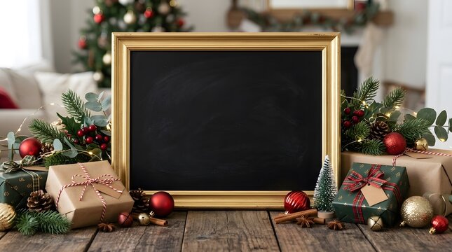 Gold framed chalkboard stands among christmas gifts and festive evergreen decorations frame gold frame holiday ornaments