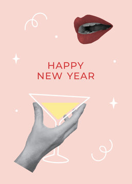 Happy New Year greeting card template. Hand holding drink glass, red lips on pink background
