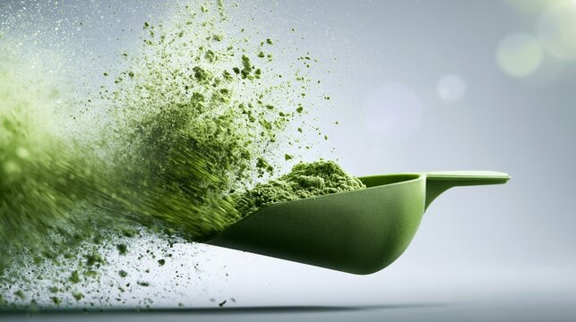 Green powder supplement bursting from a scoop, creating a dynamic cloud. Concept of health, nutrition, and energy