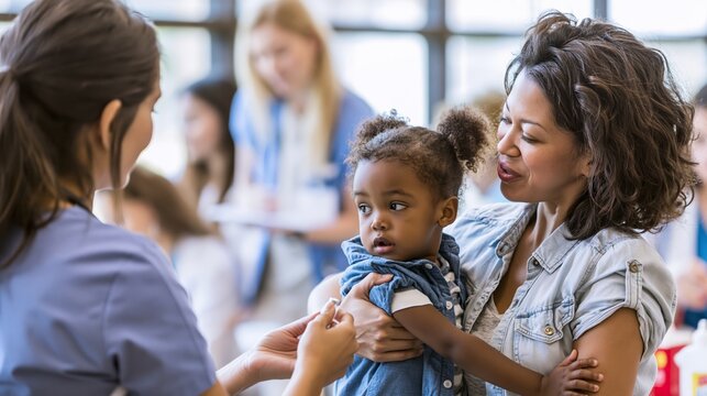 Healthcare worker giving immunization to a young child held by her mother at a community medical clinic, focusing on public health
