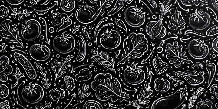 Black and white chalkboard-style illustration of fresh vegetables including tomatoes, cucumbers, garlic, and leafy greens in a playful, hand-drawn pattern.