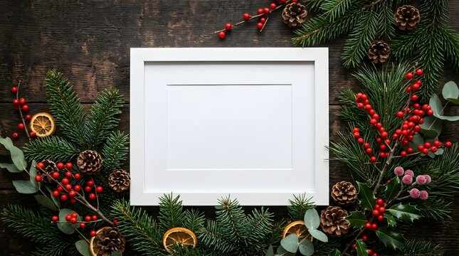 White picture frame surrounded by evergreen branches pine cones and red berries on a dark wood surface