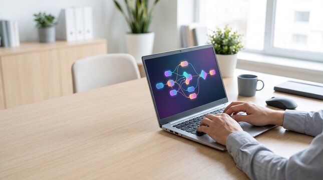 businessman hands typing on laptop keyboard with workflow automation diagram and flowchart hologram on screen