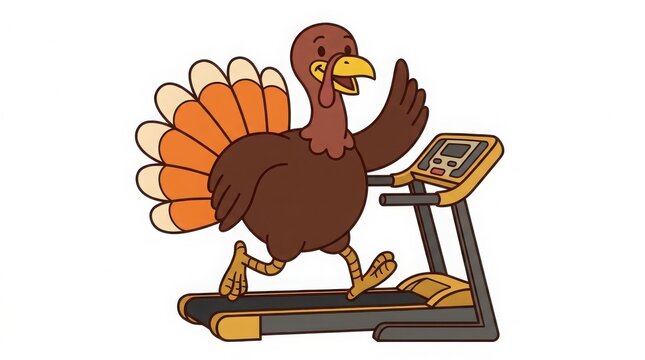 Cartoon turkey running on a treadmill, isolated on a white background, bird exercise