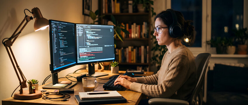 A female programmer works on coding tasks using dual computer monitors in a home office setting.