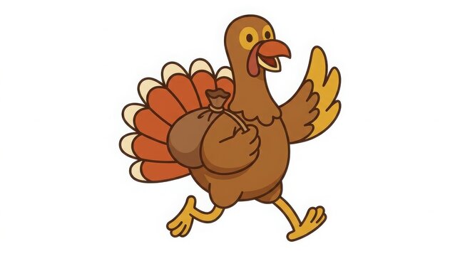 Cartoon turkey running with a sack, brown bird character with orange tail feathers