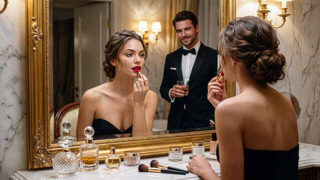 elegant woman applying red lipstick in mirror while handsome man watches