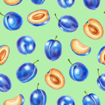 Hand drawn watercolor seamless pattern with ripe blue plums, halves, seeds, white flowers. Perfect for product logo, posters, packaging, textile, market advertising, wedding invitation, label, card