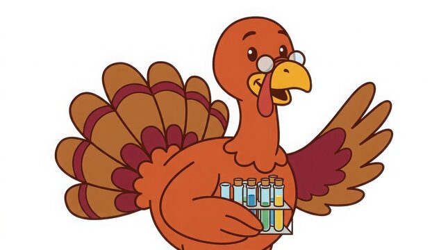 Cartoon turkey scientist wearing glasses and holding a rack of colorful test tubes