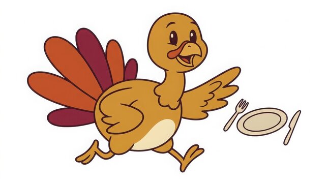 Cartoon turkey running away from a plate, fork, and knife on a plain white background