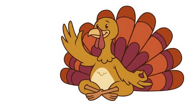Cartoon turkey sitting in a lotus yoga pose with fan-shaped tail feathers, white background