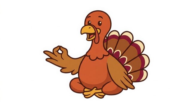 Cartoon turkey sitting in lotus position making an okay hand gesture on white background