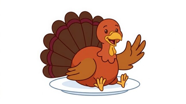 Cartoon turkey sitting on a white plate, waving a wing with a happy expression thanksgiving