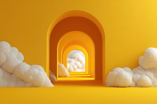 Surreal yellow archway with fluffy white clouds creating a dreamy atmosphere