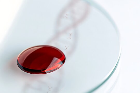 Red biomarker-like form on laboratory glass with DNA helix beneath, illustrating biological age, epigenetic testing and longevity science for precision medicine content