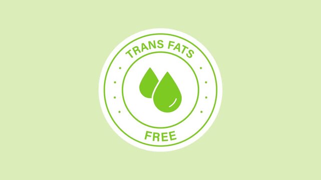 Nutrition and health sticker animation with a green drops inside circular badge with trans fats on a transparent background. Trans fats free. Seamless animated icon. 4K video overlay isolated element.
