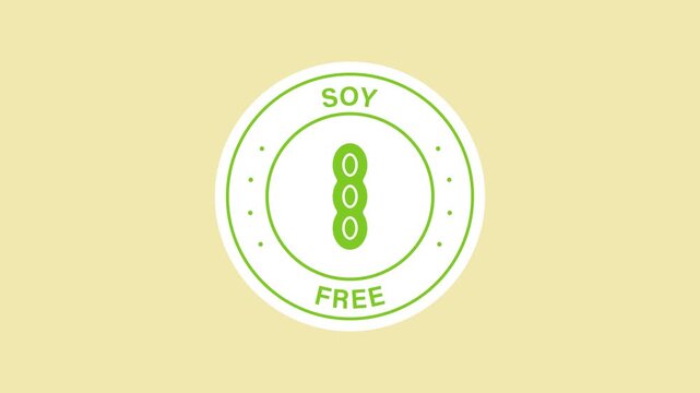 Allergen-free food certification sticker animation with a green soy bean pod with on a transparent background. Soy-free allergen warning. Seamless animated icon. 4K video overlay isolated element.