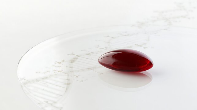 Red capsule-like biomarker beside a DNA helix on laboratory glass, conceptual image for biological age testing, epigenetic clocks and longevity research