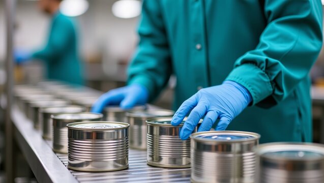 Worker in protective uniform and gloves processing food cans on a conveyor belt in a sterile manufacturing facility