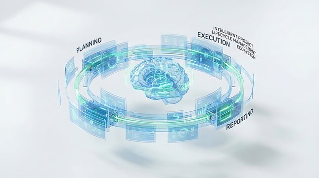Intelligent project lifecycle management ecosystem showing planning, execution, and reporting phases around a central digital brain
